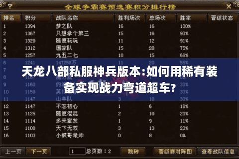 天龙八部私服神兵版本:如何用稀有装备实现战力弯道超车?